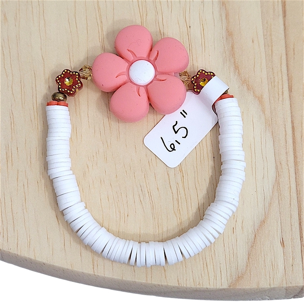 Hand Crafted Pink Flower Kids Bracelet Clay Beaded Size 6.5"